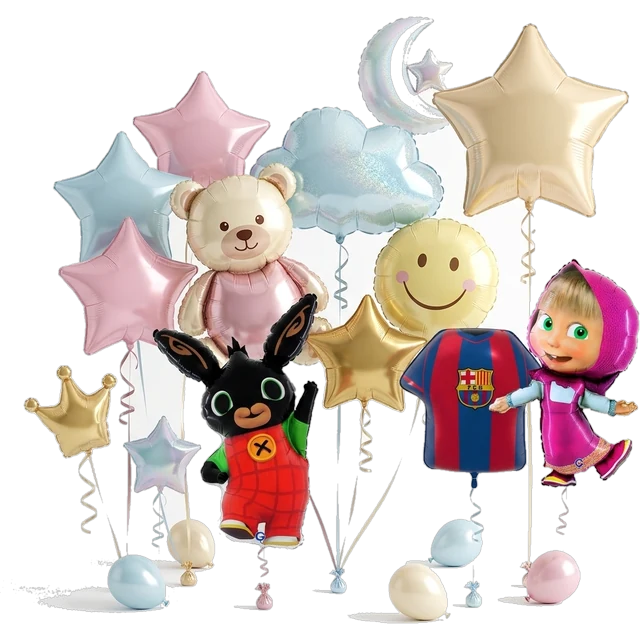 Zestaw balonów foliowych: gwiazdki, chmurka, księżyc, miś i balony z postaciami