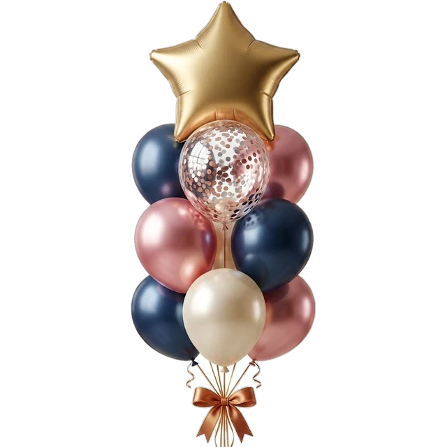 Bukiet balonowy z gwiazdą foliową, balonem z konfetti i chromowanymi balonami